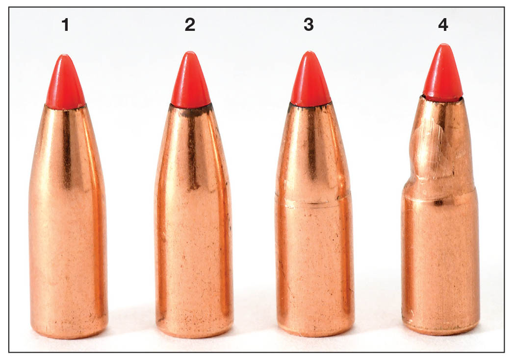 A (1) new Hornady .224-inch V-MAX was used as a control bullet to show the gripping damage caused by an (2) inertia puller, a (3) collet puller and a (4) bullet pulled with pliers.